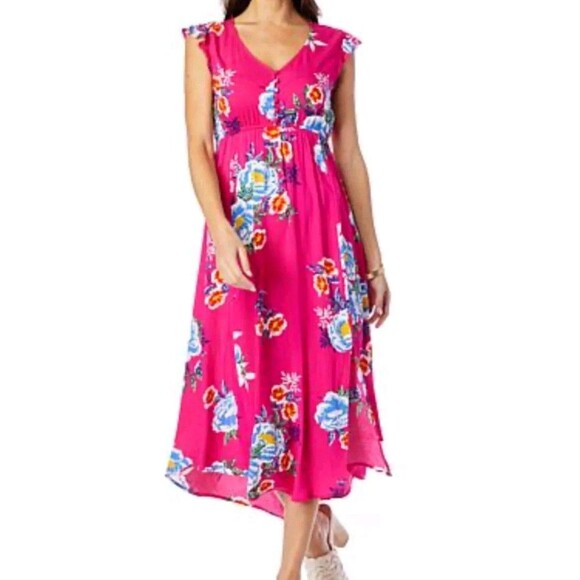 NWT Jessica Simpson Gabbie Hi-Low Midi Dress PINK FLORAL V Neck Women Large - Picture 2 of 11